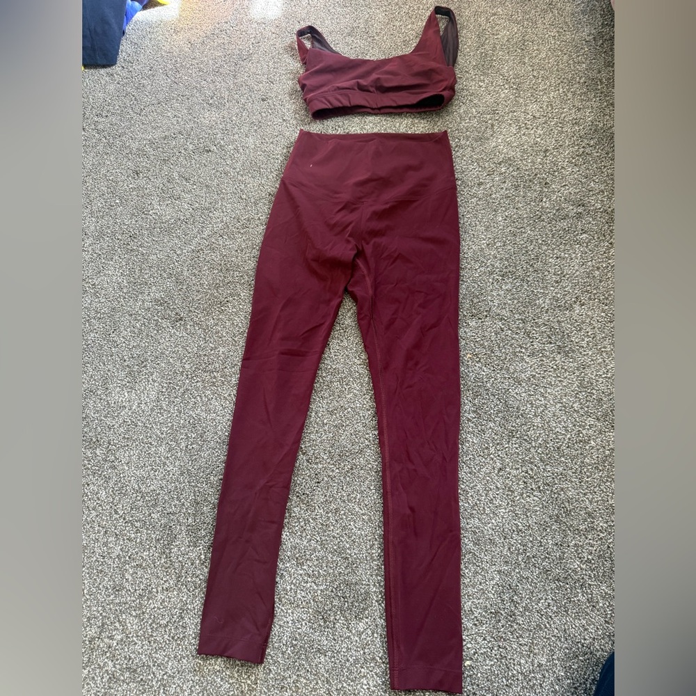 Outdoor Voices x St. Vincent maroon legging and bra